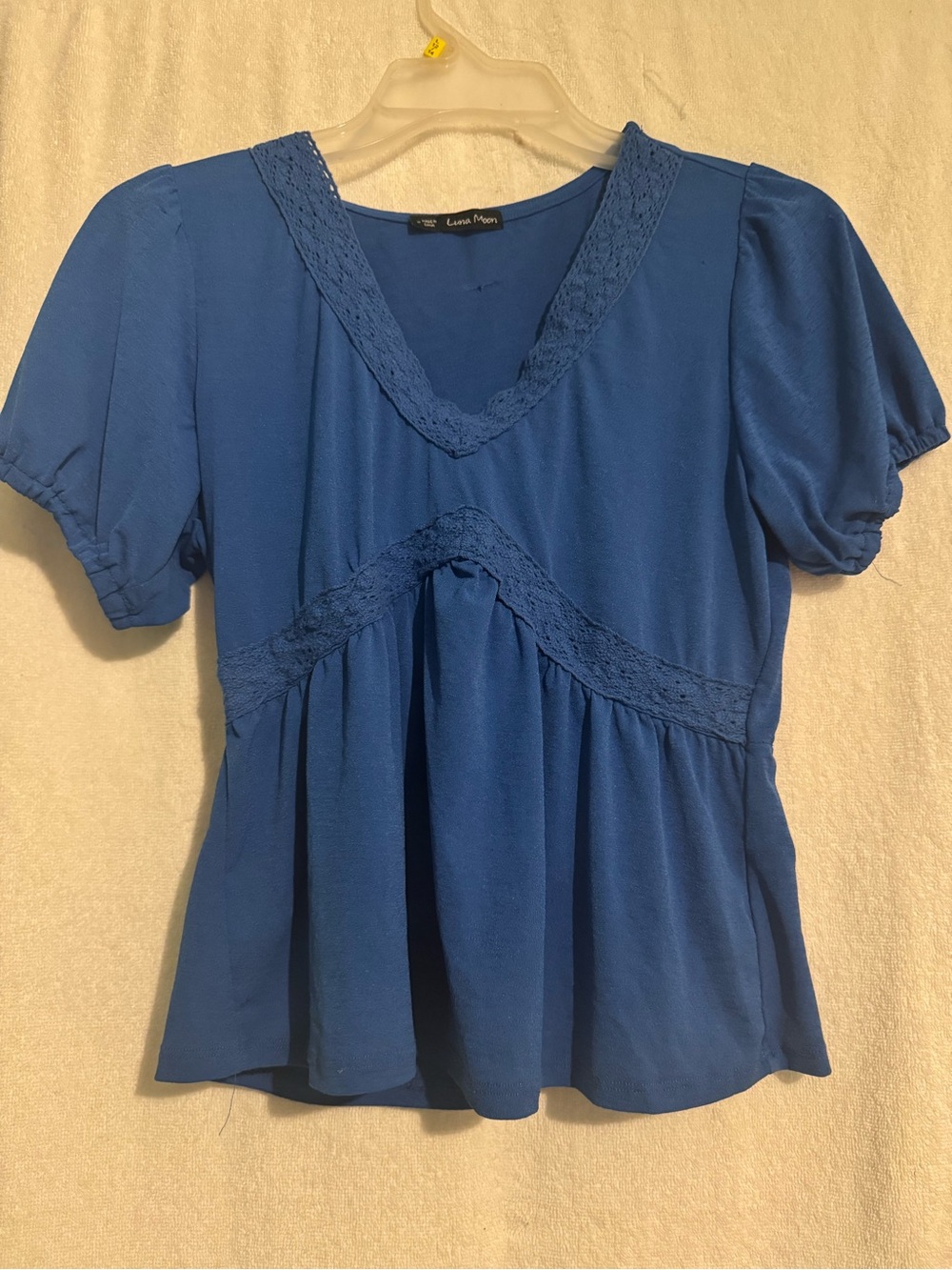 Blue Lace-Trim V-Neck Women's Blouse